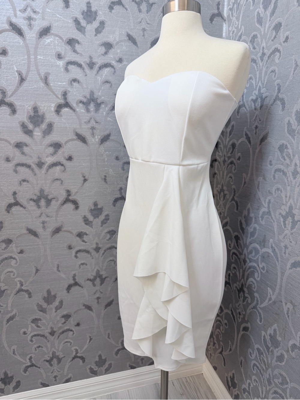 Strapless White Ruffle Sheath Dress